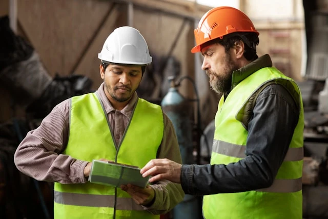 Engineers reviewing OT compliance and audit controls during an inspection in an industrial facility.